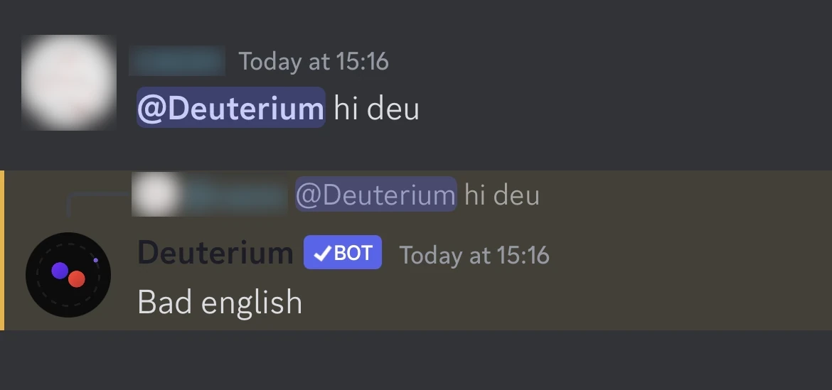 Демонстрация Deuterium: сообщение пользователя и ответ на него от бота