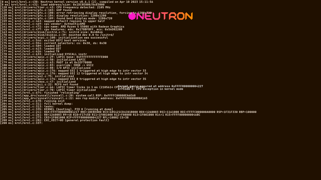 Демонстрация Neutron: лог загрузки ядра с исключением процессора поверх него